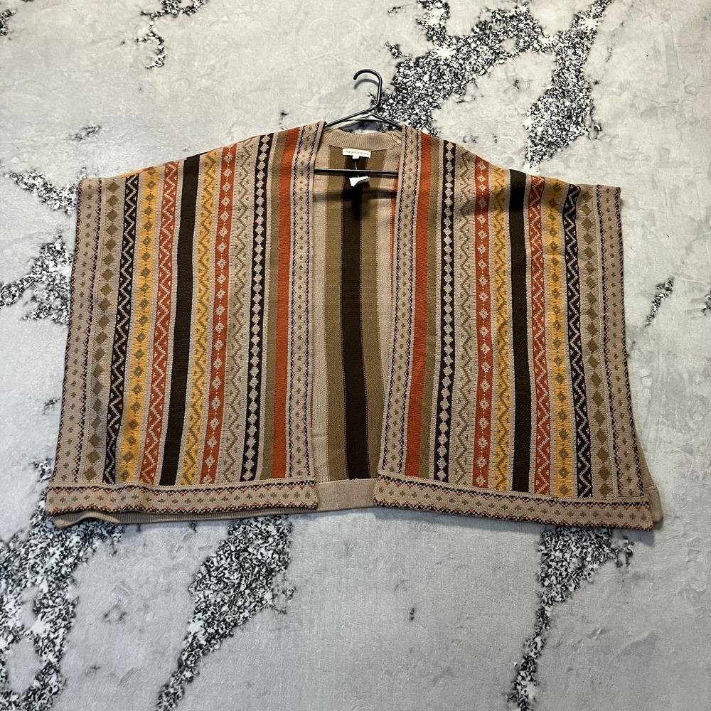 Margaux & Lexi NWT Knit Poncho Size S/M Brown Orange Geometric Stripe Boho Cape